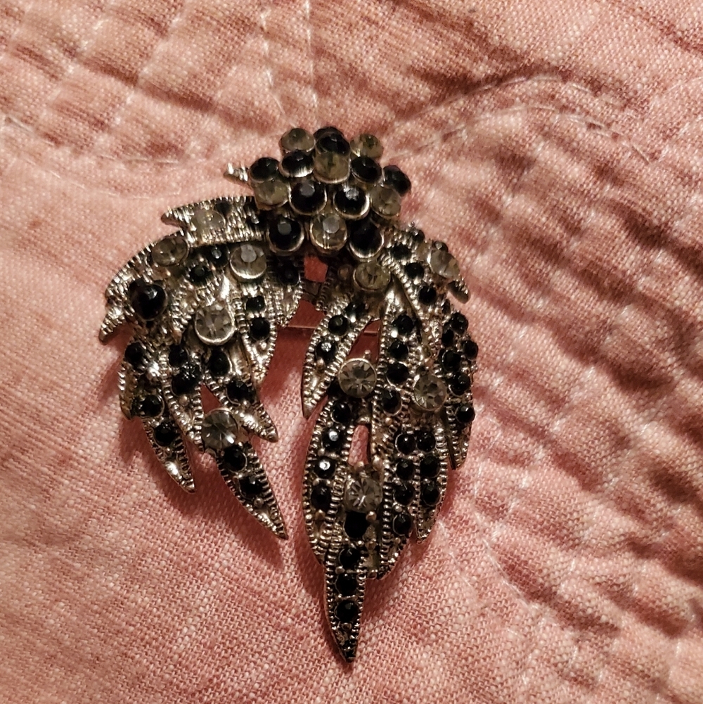 Vintage Statement Crystal Leaf Brooch With Black And Clear Rhinestones